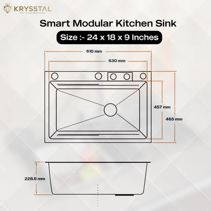 Smart Modular 304 SS Kitchen Sink (24" x 18 x 9") with Integrated Waterfall, RO Tap & Nano-Coating Technology