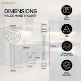 The Halos ABS Hand Shower dimensions and detailed with its features on the right side on a white transparent background.