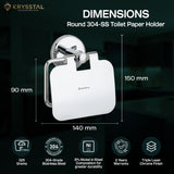 The dimensions of the silver toilet paper holder in mm with its 2-year warranty and features at the bottom on a green transparent background