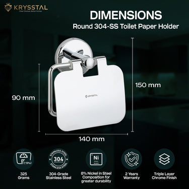 The dimensions of the silver toilet paper holder in mm with its 2-year warranty and features at the bottom on a green transparent background