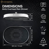 Boltz Overhead Rain Shower with dimensions and features on a dark background