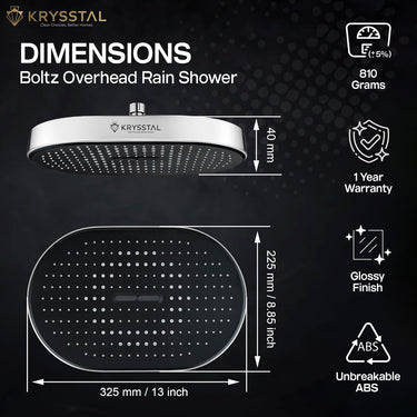 Boltz Overhead Rain Shower with dimensions and features on a dark background