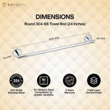 The dimensions of the polished silver stainless towel rod with round end caps with its warranty & features at the bottom on a golden & white background.