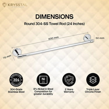 The dimensions of the polished silver stainless towel rod with round end caps with its warranty & features at the bottom on a golden & white background.