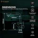 Silver-colored kitchen faucet set with its dimensions & an extra filtered water tap with features & warranty on the right side, on a dark backdrop.