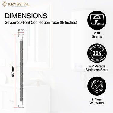 Detailed dimensions in mm marked with red line on silver hose, features listed right side, white background.