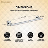 The dimension of a silver SS towel rod with mounting brackets on either end, which shows some features & warranty on the bottom, placed against a white & golden background.