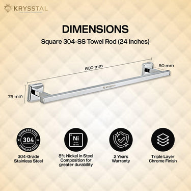The dimension of a silver SS towel rod with mounting brackets on either end, which shows some features & warranty on the bottom, placed against a white & golden background.