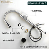 Krysstal faucet assembly with labeled parts like washer & locknuts, gravity ball, hot & cold connection tubes on a white background