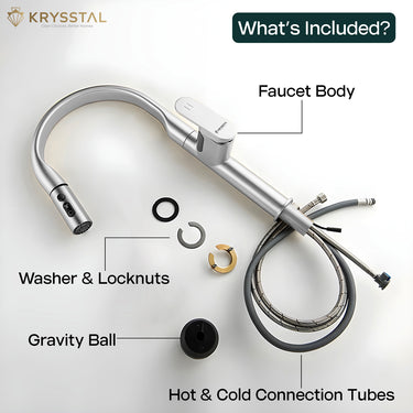 Krysstal faucet assembly with labeled parts like washer & locknuts, gravity ball, hot & cold connection tubes on a white background