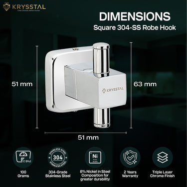 The dimensions of the square robe hook with vertical rod & its features on the bottom on a green transparent background.
