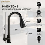 The dimensions of the Matte black kitchen mixer tap with a round swivel spout and single lever handle with warranty & features on the right side on a white transparent background.