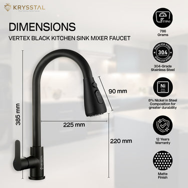 The dimensions of the Matte black kitchen mixer tap with a round swivel spout and single lever handle with warranty & features on the right side on a white transparent background.