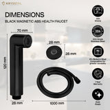 "Black health faucet with dimensions and listed features on the right side over a white transparent background.
