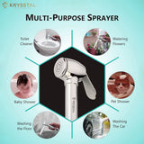 Diamond Brass Health Faucet multi-purpose sprayer with usage scenarios on a light blue background