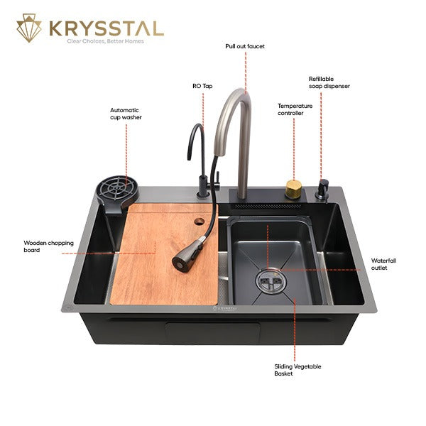 Smart Modular 304 SS Kitchen Sink  with Integrated Waterfall, RO Tap & Nano-Coating Technology (30 x 18 x 9 Inches)