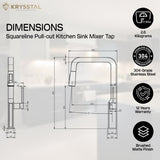 Squareline Pull-out Kitchen Sink Mixer Tap with dimensions and material details with warranty on a white background