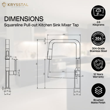 Squareline Pull-out Kitchen Sink Mixer Tap with dimensions and material details with warranty on a white background