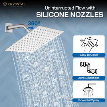 A 360-degree movement of an overhead rain shower with the visuals of H₂O and air bubbles between the water flowing and also guidance on how to maintain it