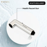 A silver health faucet gun on a white background with text indicating what's included.
