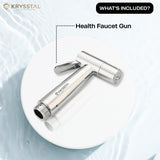 Krysstal health faucet gun on a white background with what's included labeled.