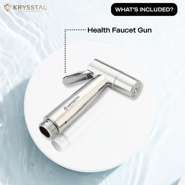 Krysstal health faucet gun on a white background with what's included labeled.