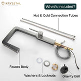 Krysstal faucet assembly with labeled parts like connection tubes, washers & locknuts, Gravity Ball on a white background