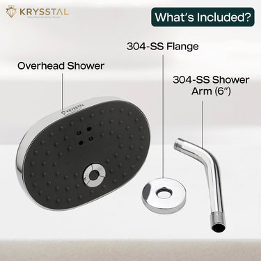 Overhead Shower with SS Flange and SS Shower Arm (6") components included with labeled parts on a white background