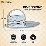 The dimensions of silver soap dish holder with its warranty and feature at the bottom.