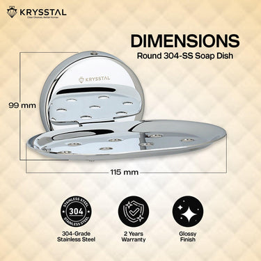 The dimensions of silver soap dish holder with its warranty and feature at the bottom.