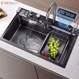 Sleek stainless steel kitchen sink featuring a 2-spray system, digital faucet control, and minimalist style, placed on white tiles.