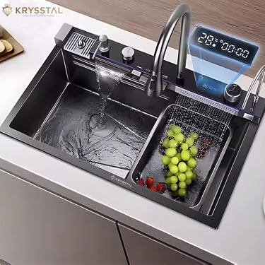 Sleek stainless steel kitchen sink featuring a 2-spray system, digital faucet control, and minimalist style, placed on white tiles.