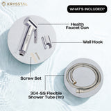 Compact health faucet gun with mounting hook, screw accessories, and shower hose on white background.