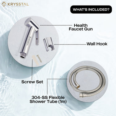 Compact health faucet gun with mounting hook, screw accessories, and shower hose on white background.