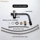 Krysstal faucet assembly kit like faucet body, RO Connection Tube, Hot & Cold Connection Tubes with labeled parts on a white background