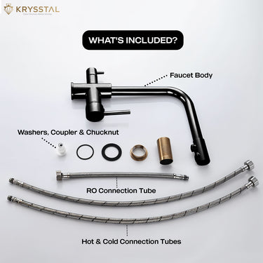 Krysstal faucet assembly kit like faucet body, RO Connection Tube, Hot & Cold Connection Tubes with labeled parts on a white background