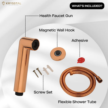 Rose gold health faucet and its included parts, like the magnetic wall hook, adhesive screw set, and flexible shower tube.