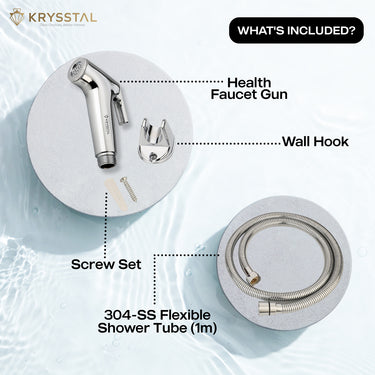 Health faucet gun set with wall hook, screw set and flexible shower tube.