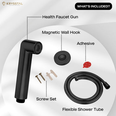 Black health faucet set with handheld spray gun, magnetic wall hook, screw set, and flexible shower tube.