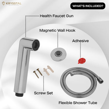 A silver Health faucet shower gun with magnetic wall hook, flexible shower tube, and included screw set.