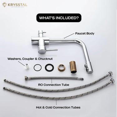 Silver-colored kitchen faucet set with its included components like faucet body, washers, coupler & chucknut, RO connection tube, Hot & Cold Connection Tubes on plain white backdrop.