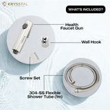 Chrome health faucet gun with wall hook and screw set on one plate, and flexible shower tube displayed on a blurred background on a second plate.