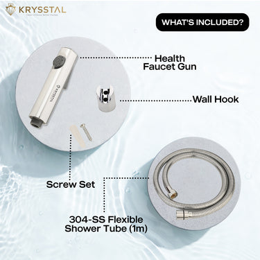 Chrome health faucet gun with wall hook and screw set on one plate, and flexible shower tube displayed on a blurred background on a second plate.