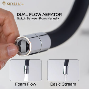 A hand-held Black flexible kitchen faucet with dual flow aerator like foam flow & basic stream on a light background.