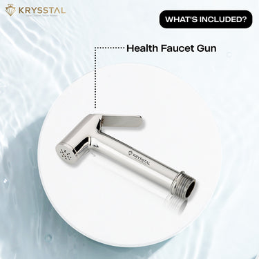Silver Health Faucet Gun on a white background with what's included labeled.