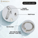 Krysstal shower head set with health faucet gun, wall hook, screw set, and 304-SS flexible shower tube on a light blue background.