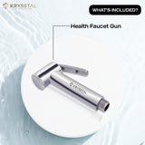 Silver health faucet with top right what's included labeled made with a metallic finish on a white background.