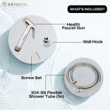 Krysstal shower set with health faucet gun, wall hook, screw set, and 304-SS flexible shower tube on a white background.