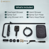 Shower system components included Overhead shower, hand shower, spray gun, spray gun hose, long shower arm and piano keys panel on a light background