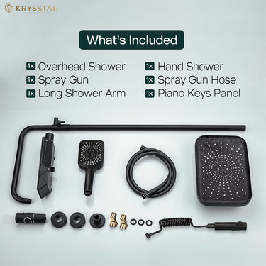 Shower system components included Overhead shower, hand shower, spray gun, spray gun hose, long shower arm and piano keys panel on a light background